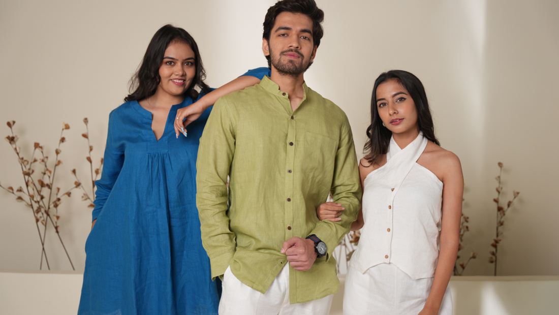 linen men's and women's wear. linen dress, linen shirt, linen crop top. linen trousers, linen basic pants