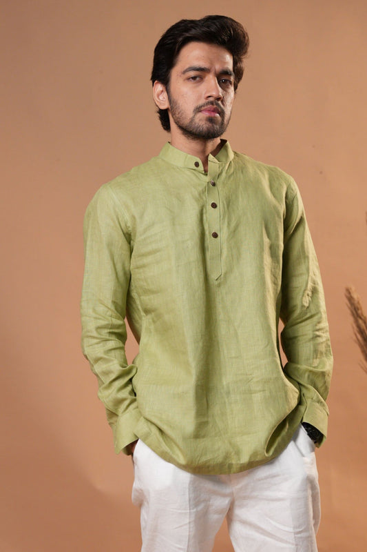 Plain sage green short kurta with a relaxed fit, perfect for casual or semi-formal occasions.