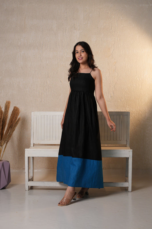 Elegant long A-line dress with a flattering silhouette, perfect for formal events or special occasions.