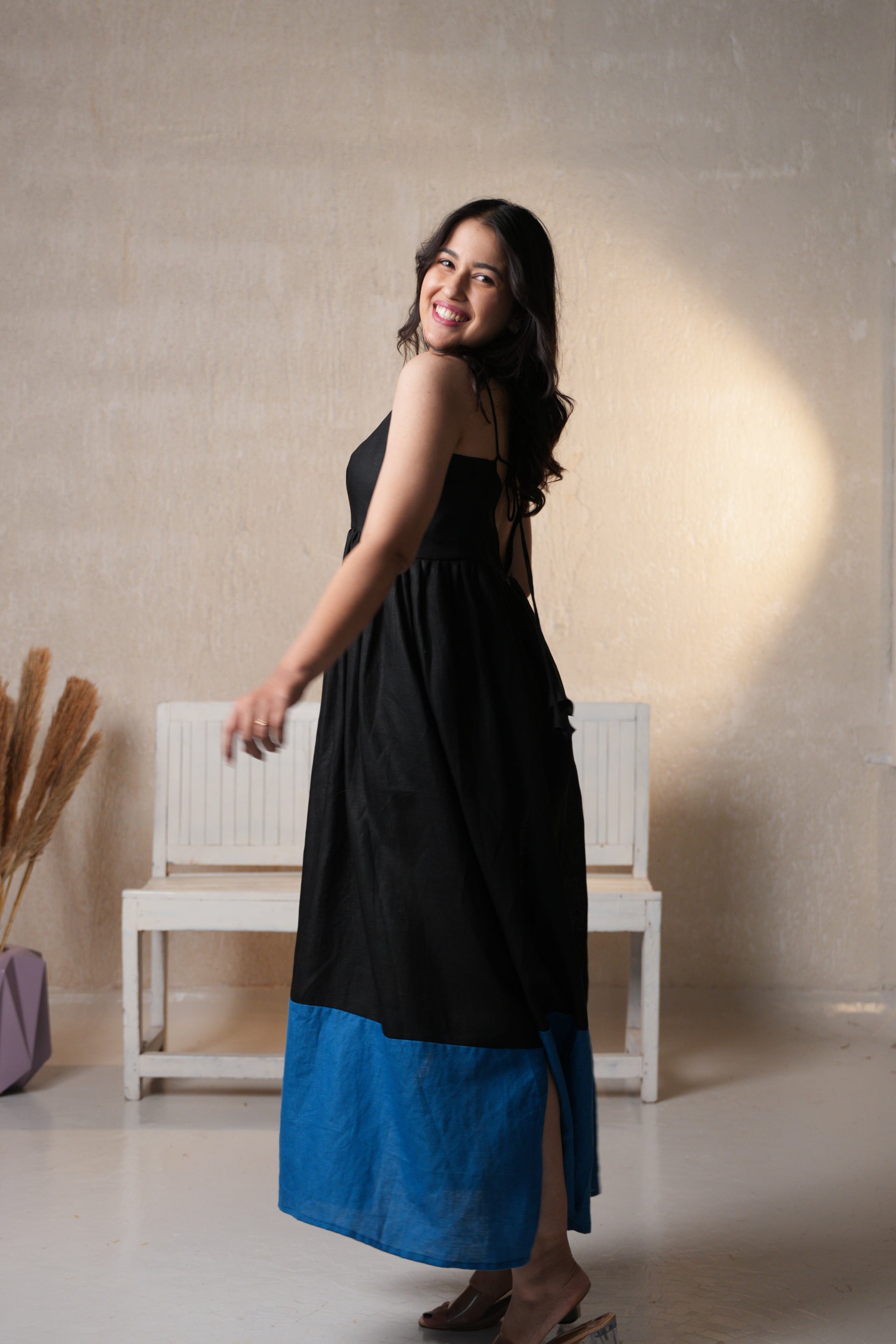 Women’s long A-line dress with a fitted bodice and a wide, flowing skirt for an effortless look.