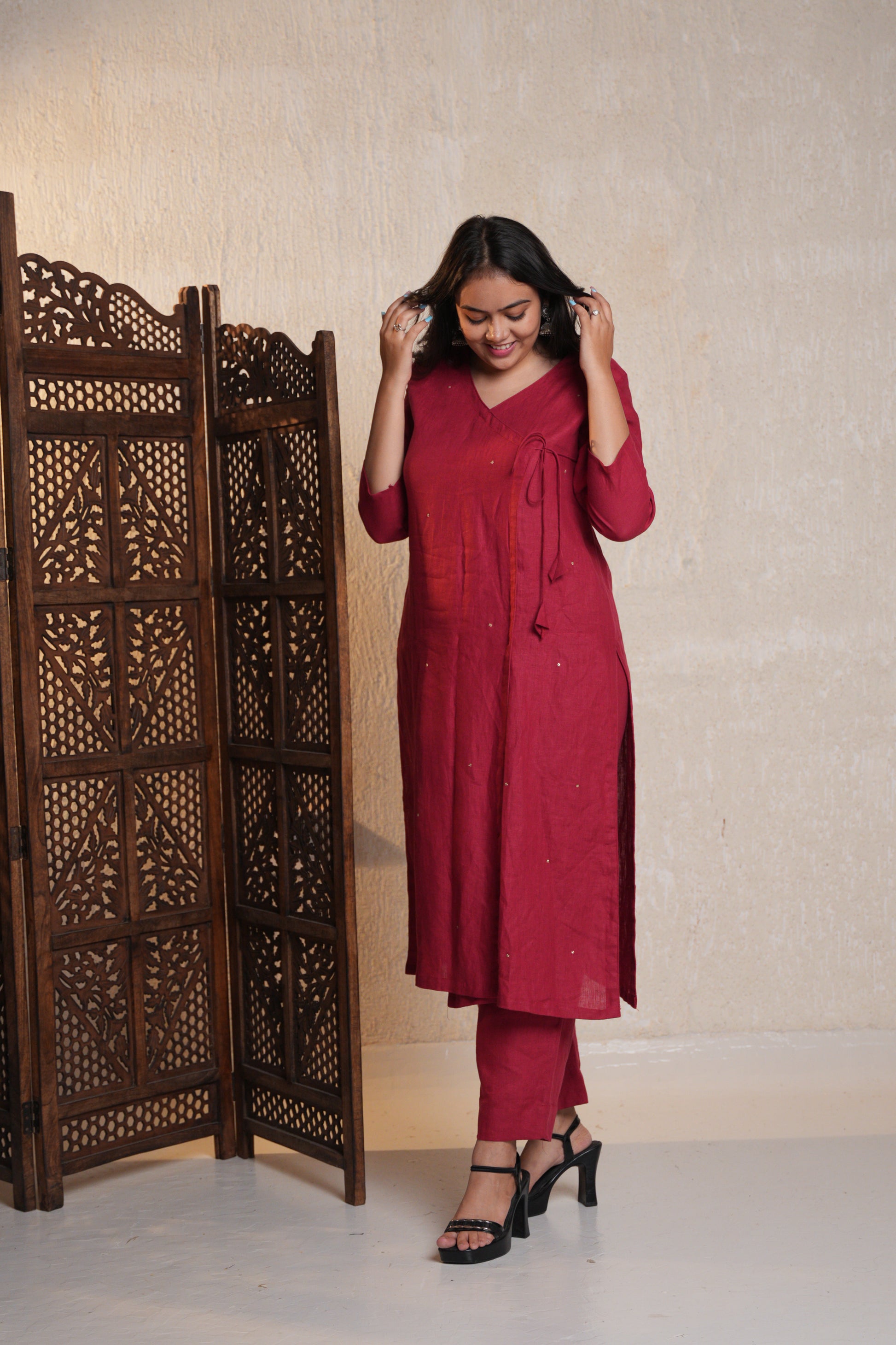 Chic straight Angrakha kurta with a flattering silhouette and stylish wrap-over style.