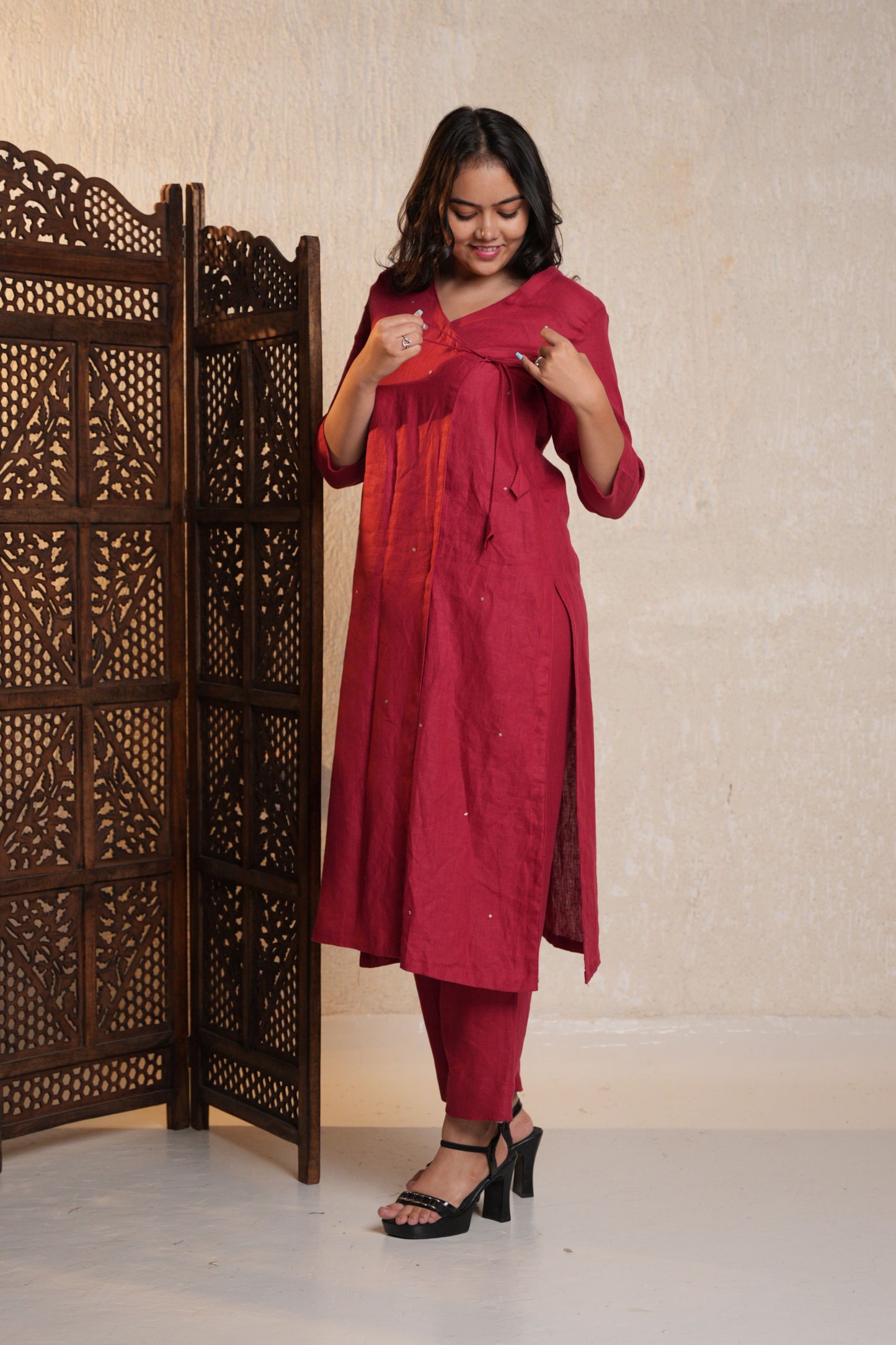 Traditional straight Angrakha kurta featuring a unique crossover design with elegant ties.