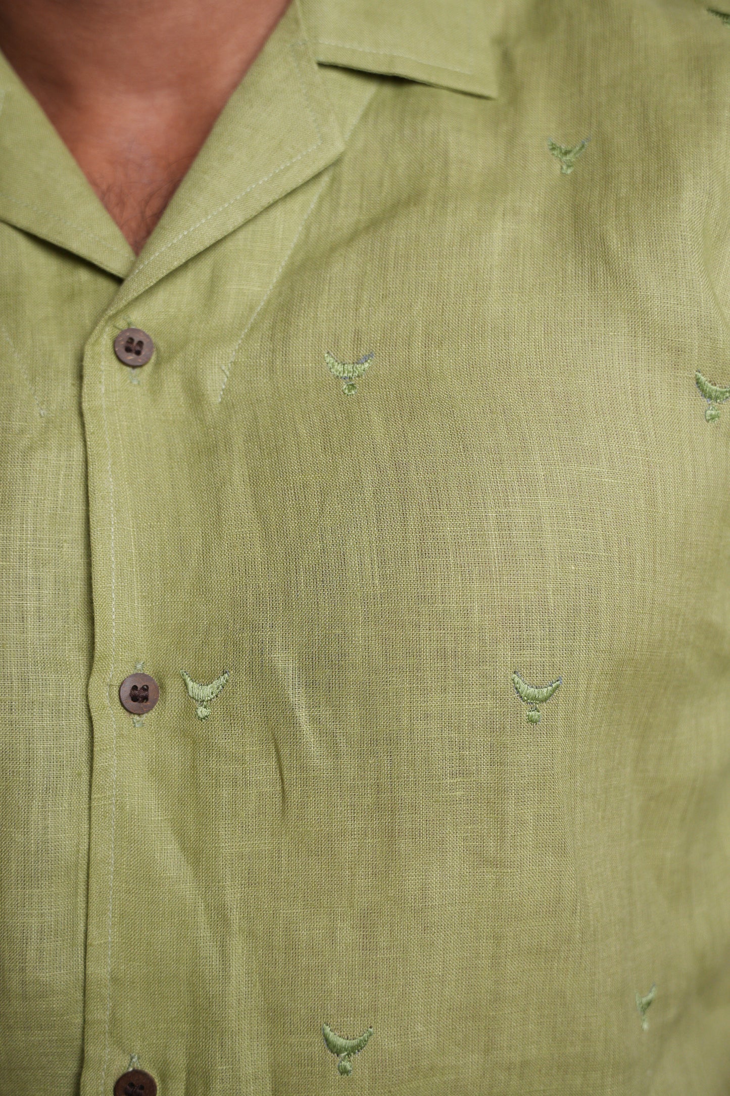 Soft sage green casual shirt with elegant embroidery, combining style and comfort effortlessly.