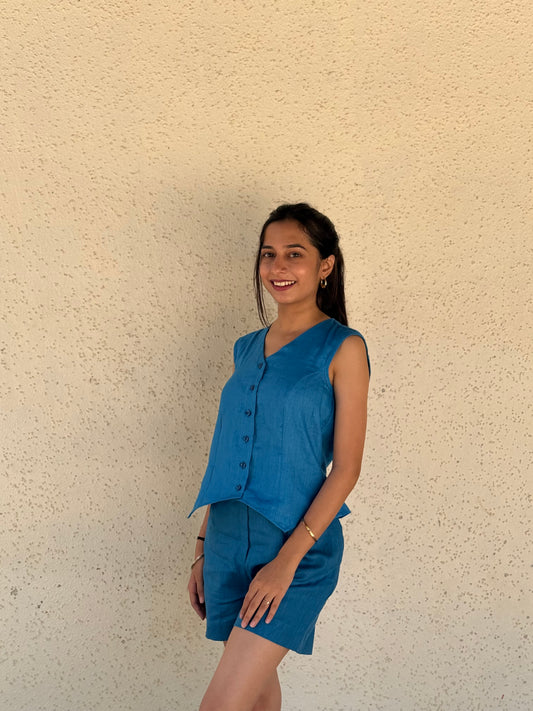 Linen Short Co-ord Set - Blue