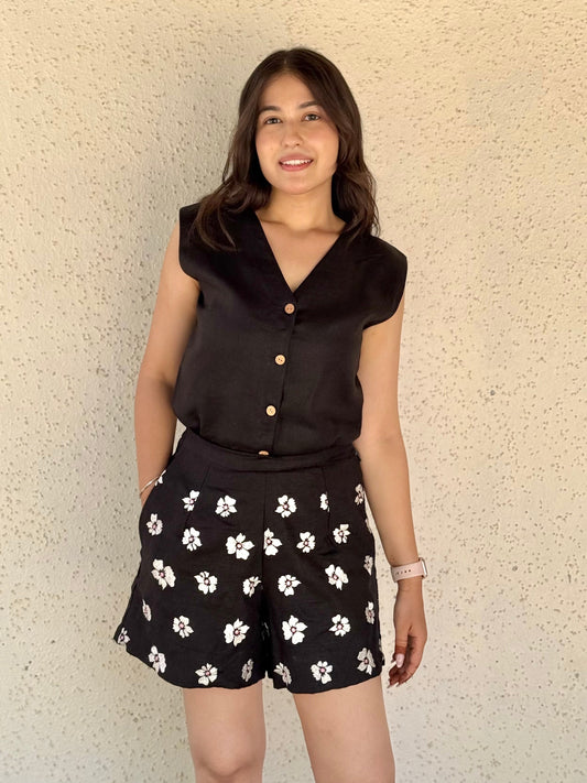 Embroidered short co-ord set - Black